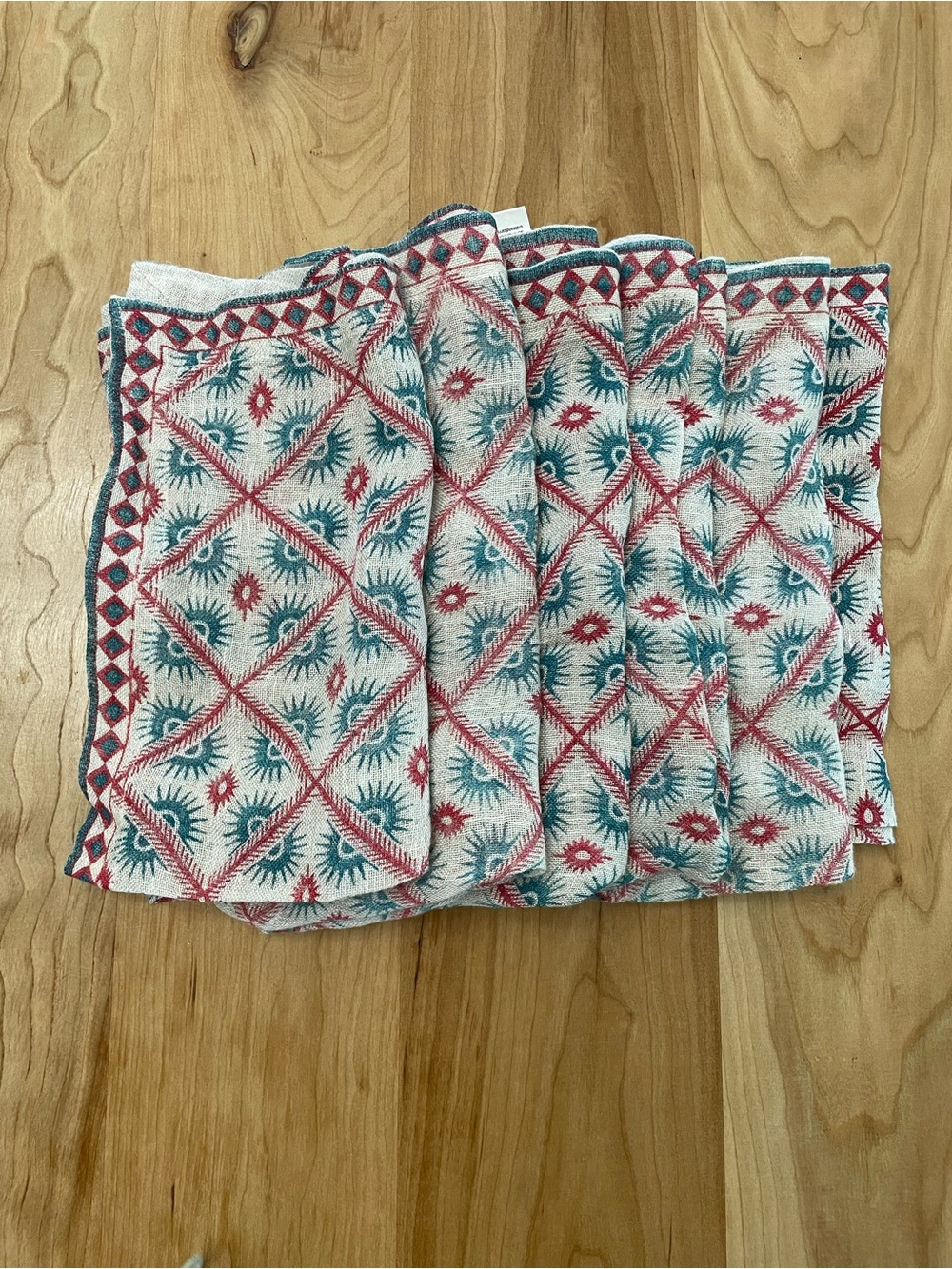 Crate And Barrel Linen Napkins Set of 6 Red Teal Hand Geometric Trellis Design